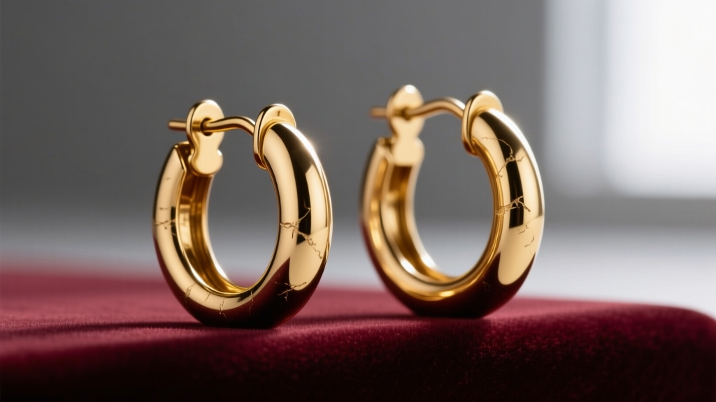 Close-up of gold-plated Ralph Lauren hoop earrings on velvet, showing the hinged clasp and subtle patina on the brass base metal.