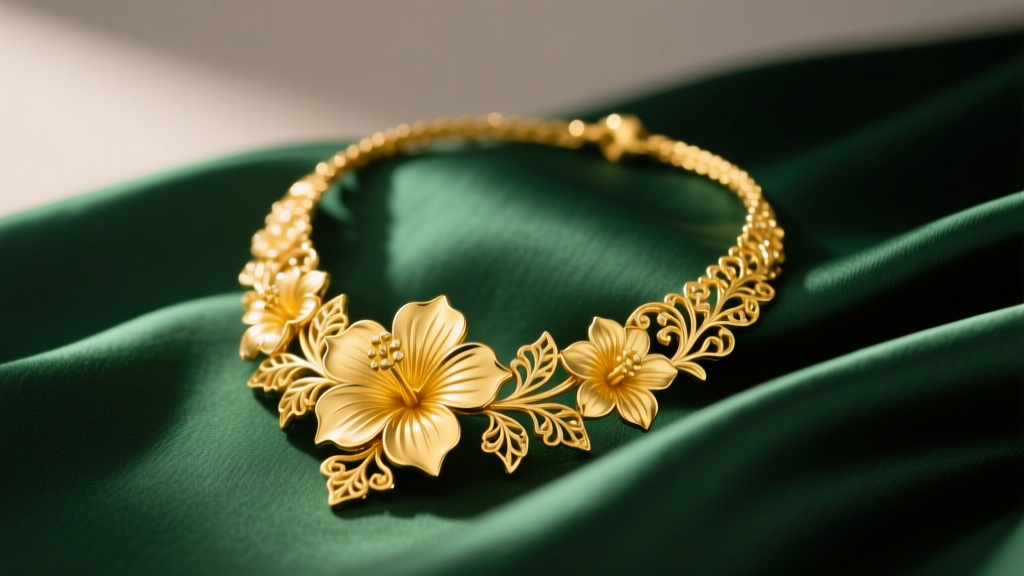 Solid 18k yellow gold hibiscus necklace resting on emerald green silk, soft studio lighting highlighting intricate floral textures