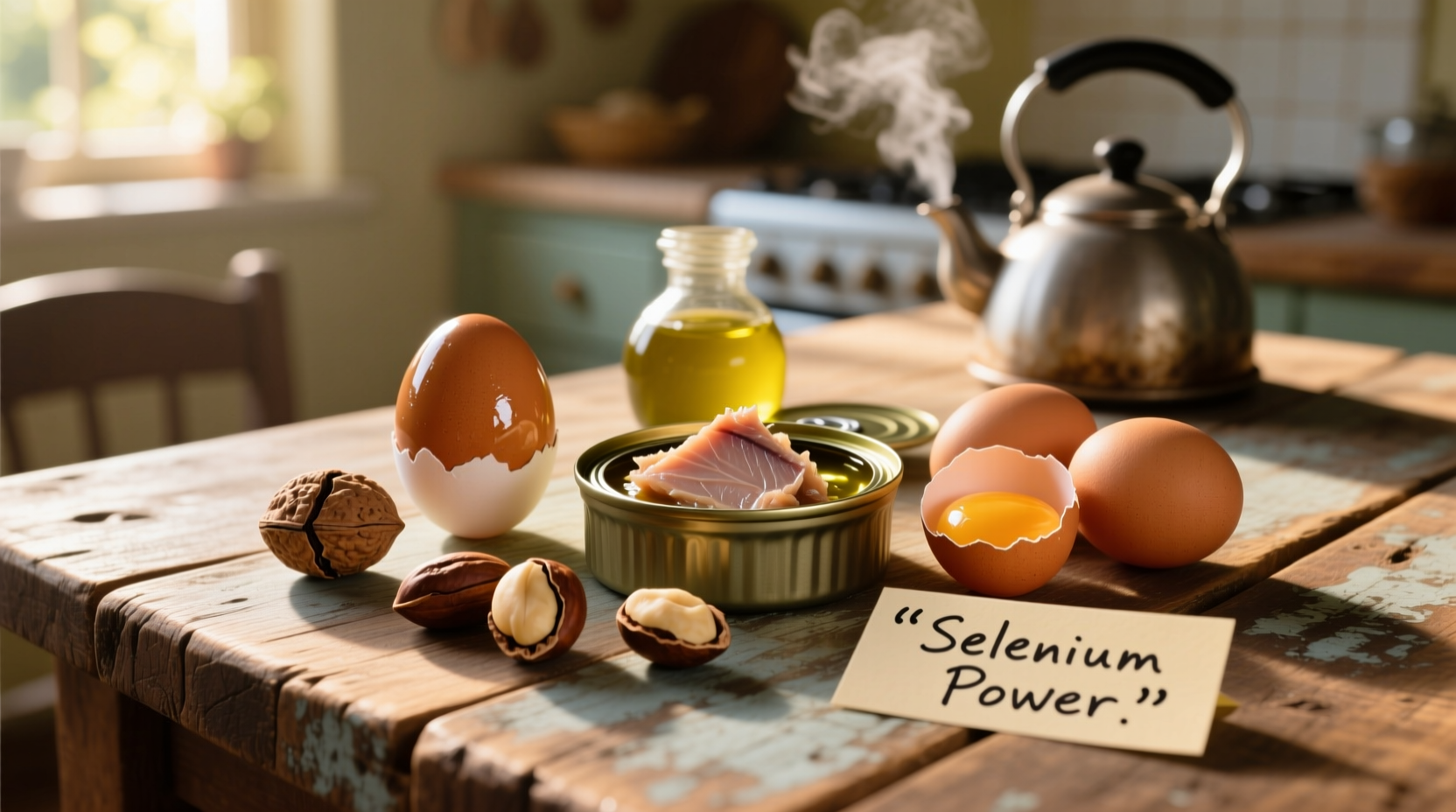Selenium-rich foods including Brazil nuts, tuna, and eggs arranged on wooden table