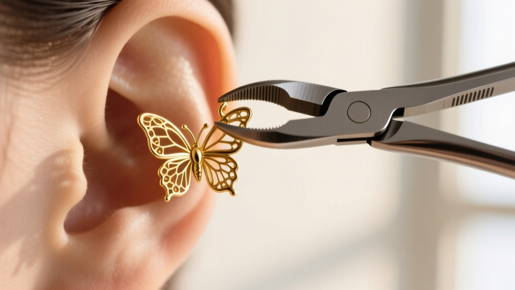 Hemostat pliers gripping a gold butterfly earring clutch near a clean earlobe, captured in a detailed macro photography style.