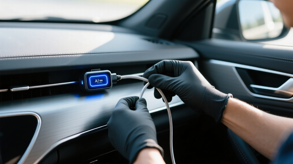 Close-up of a technician routing a smart AI dashcam power cable behind the dashboard trim of a corporate fleet sedan.