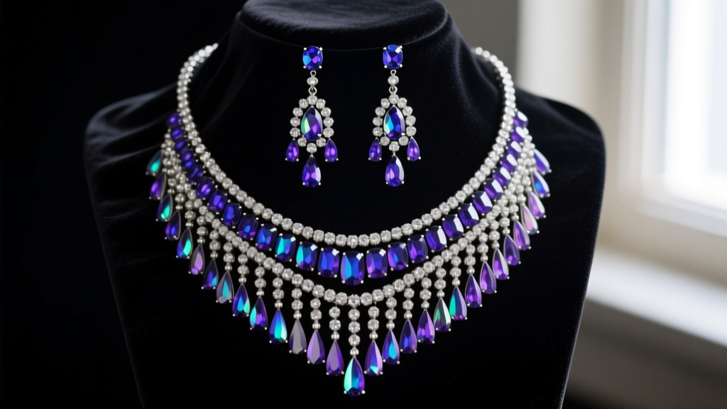 Vintage Juliana aurora borealis rhinestone fringe necklace and matching dangle earrings displayed on dark black velvet fabric.