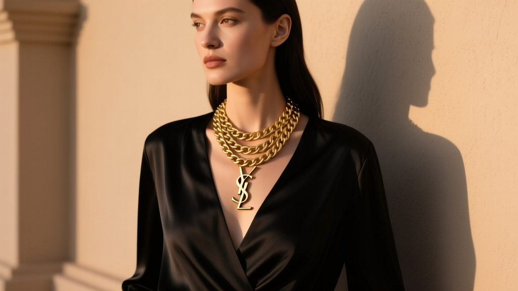 Woman wearing a layered YSL gold chain necklace and logo pendant over a deep V-neck black silk blouse in soft evening lighting