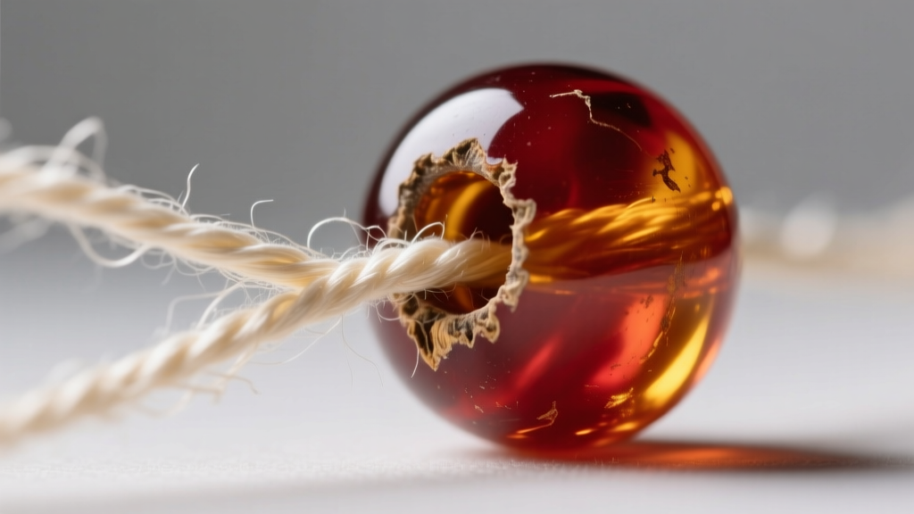 Macro shot of frayed silk thread inside the drilled hole of an antique cherry amber bead, highlighting the need for restringing.