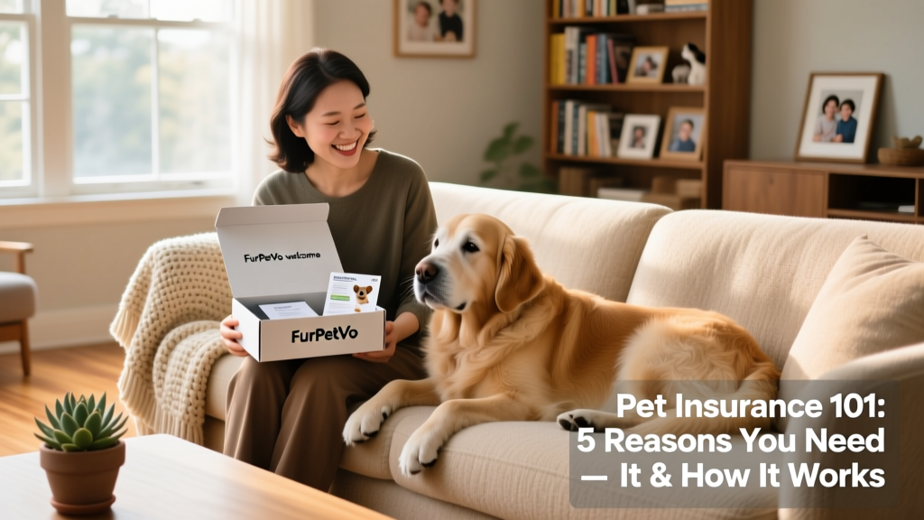A smiling pet parent holding a FurPetVo welcome kit next to their relaxed senior dog on a cozy couch