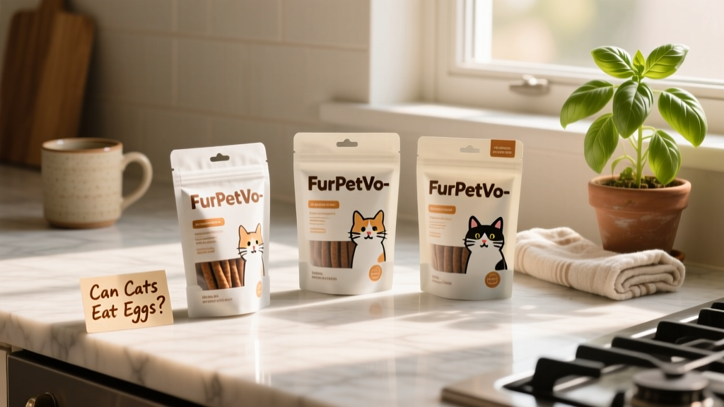 Three FurPetVo-branded cat treat packages arranged neatly on a clean kitchen counter