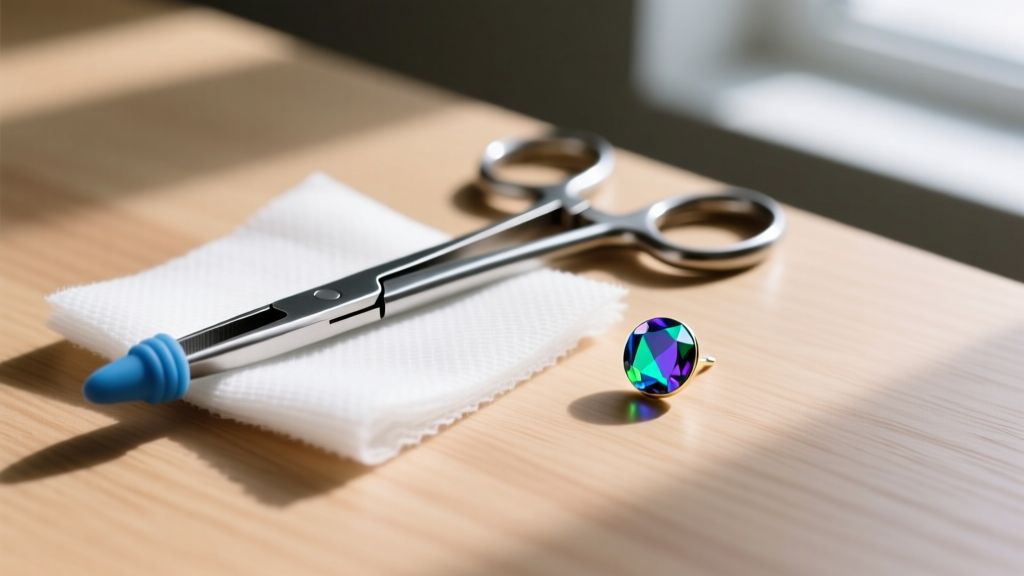 Rubber-tipped hemostats resting on sterile gauze next to a tiny opal gemstone flat back earring top on a clean wooden surface.