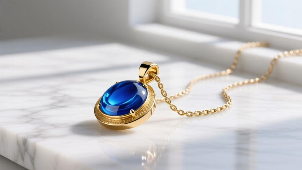 14k gold Maya Brenner California pendant on white marble, showing vibrant blue vitreous enamel fill and delicate cable chain.