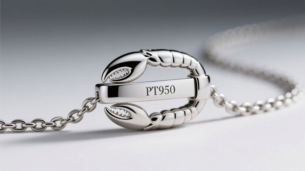 Macro shot of a platinum lobster clasp on a chain, clearly showing the PT950 hallmark stamp engraved on the smooth metal surface.