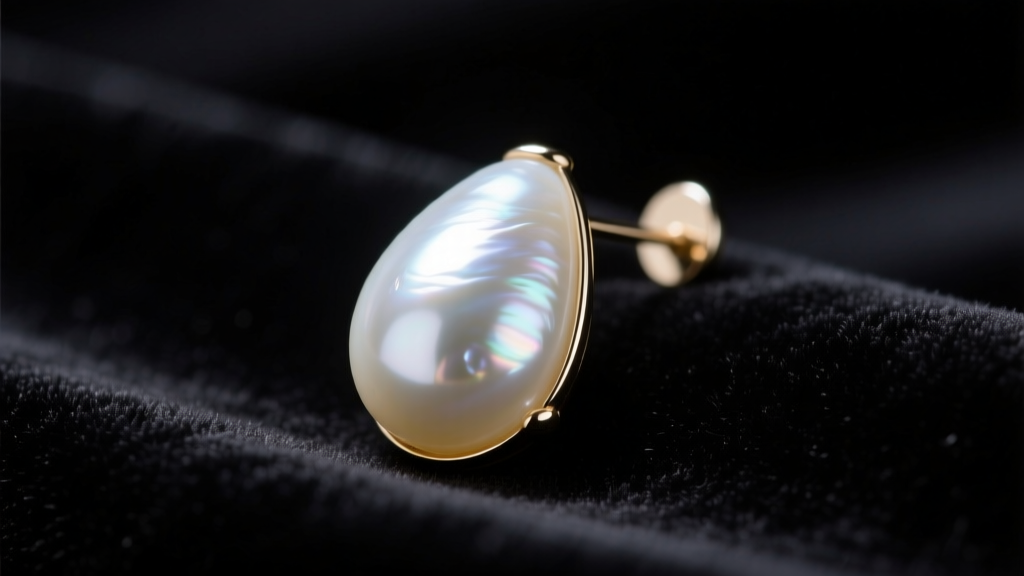 Macro of a 14mm teardrop pearl earring on dark velvet, lit by dramatic chiaroscuro lighting to mimic 17th century art
