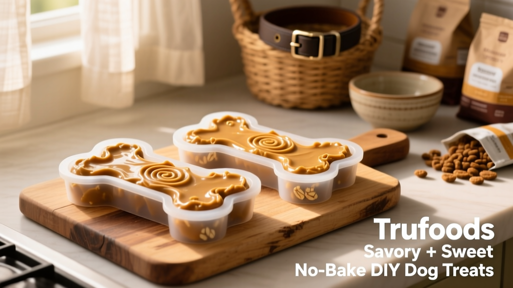 Two silicone bone-shaped molds filled with a soft, golden-brown dog treat mixture before freezing