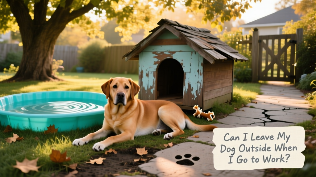 A Labrador mix relaxing in a shaded backyard with a small wading pool and dog house