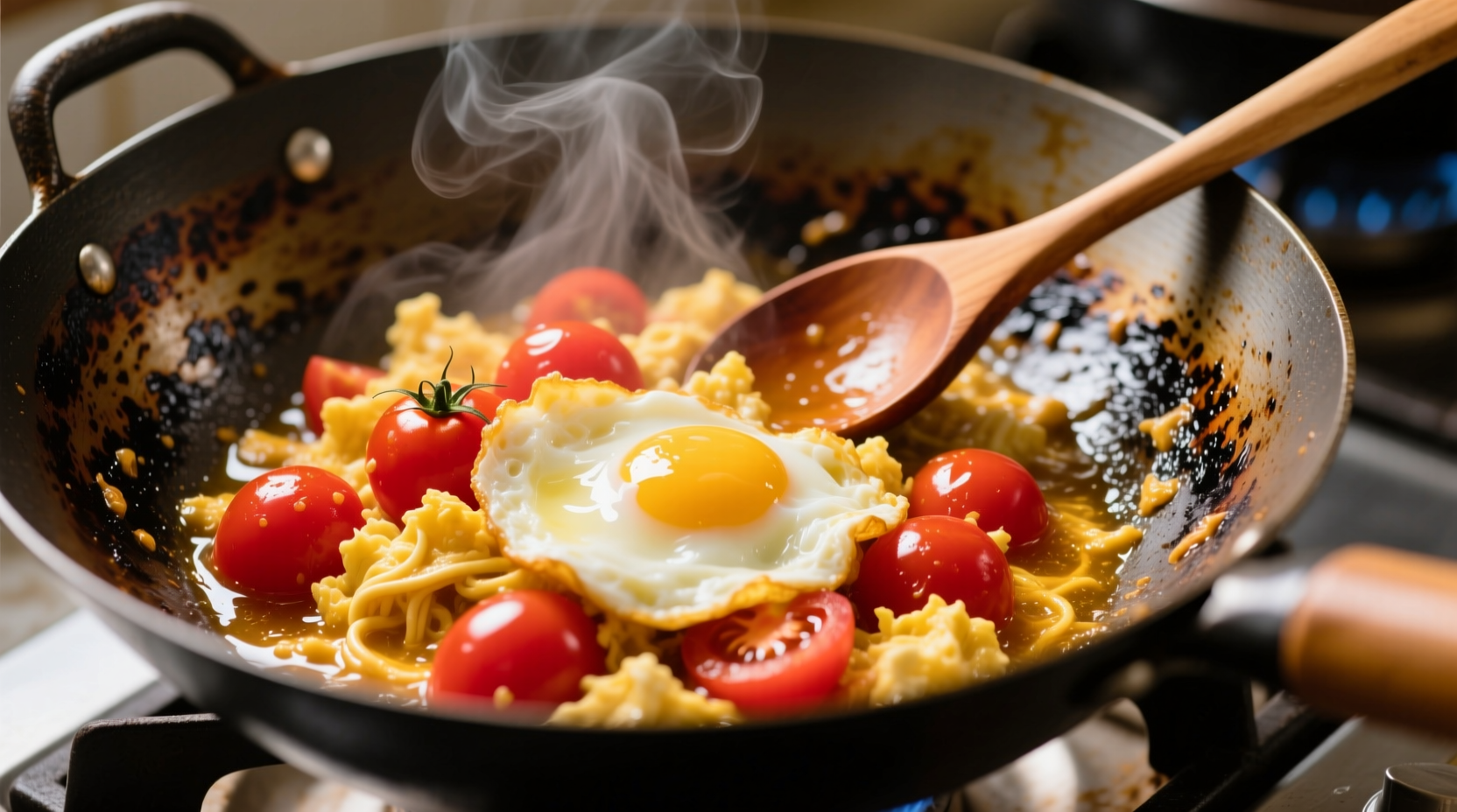 Chinese tomato and egg stir-fry in wok
