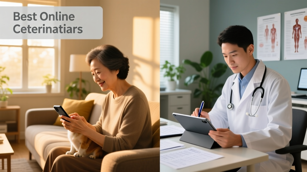 A split-screen illustration showing a pet owner typing on a smartphone and a veterinarian reviewing notes on a tablet