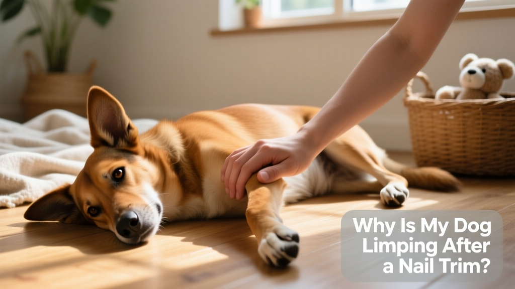 Hand demonstrating gentle massage along a dog's forelimb, avoiding the paw