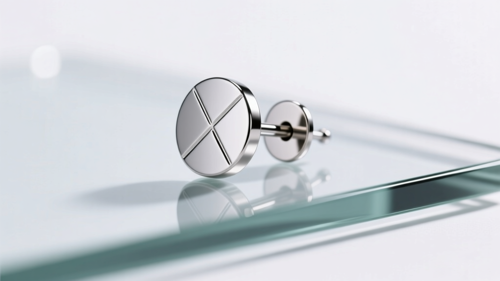 Macro photography of a sleek titanium flat-back earring post resting on clean glass, illuminated by soft clinical studio lighting.