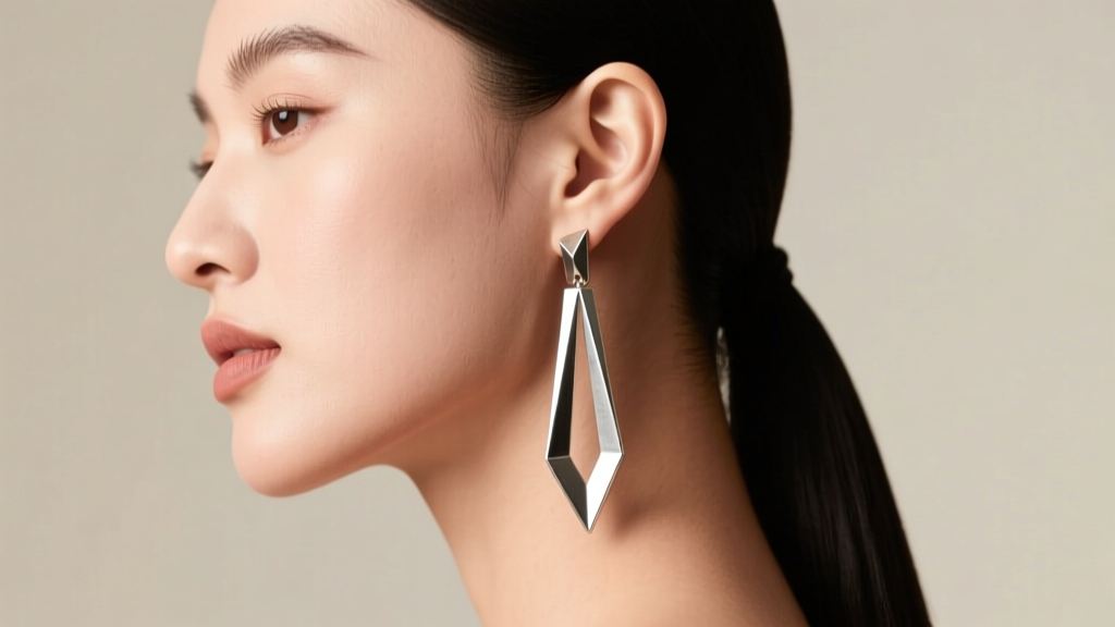 Side profile of a woman with a round face wearing long, linear geometric silver drop earrings that elegantly elongate her jawline.