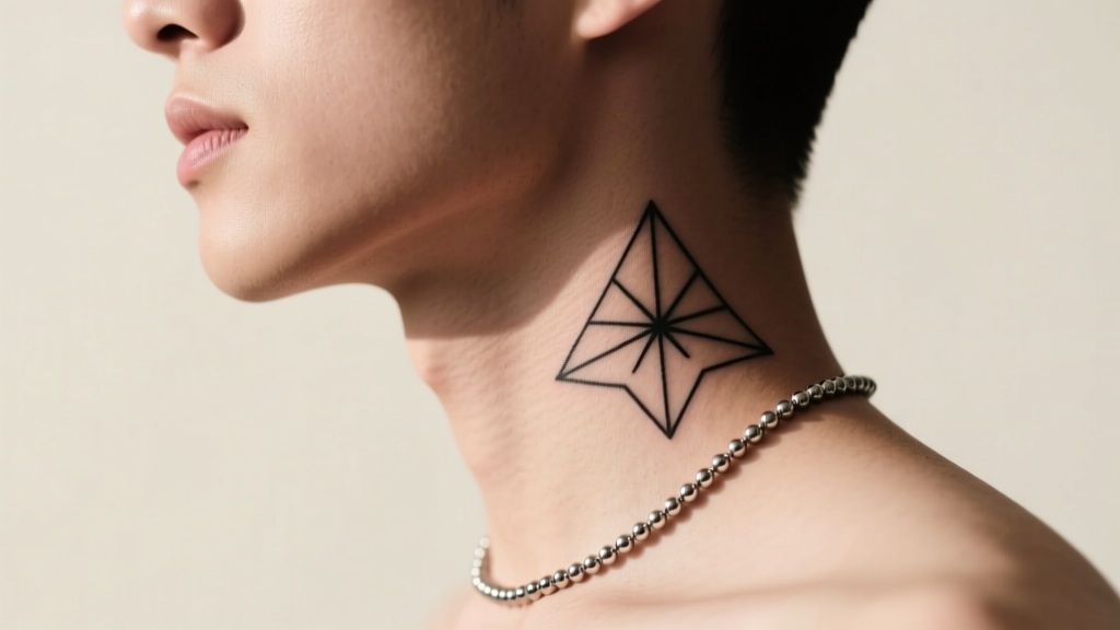 Side profile showing a 1.5mm titanium bead chain aligning with a minimalist geometric line-art necklace tattoo design on the neck.