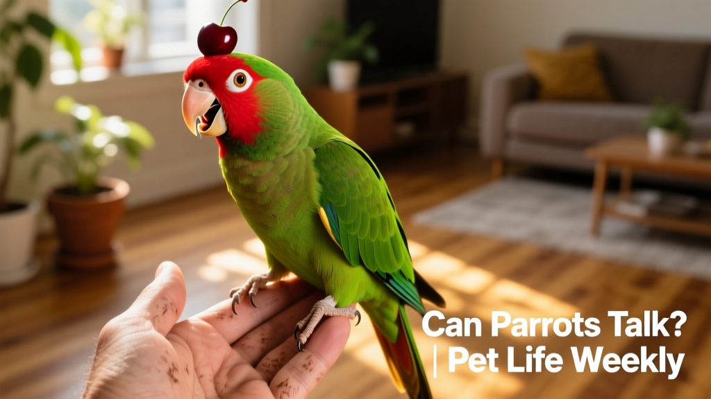 A cheerful cherry-headed conure perched on a hand, beak slightly open as if mid-vocalization