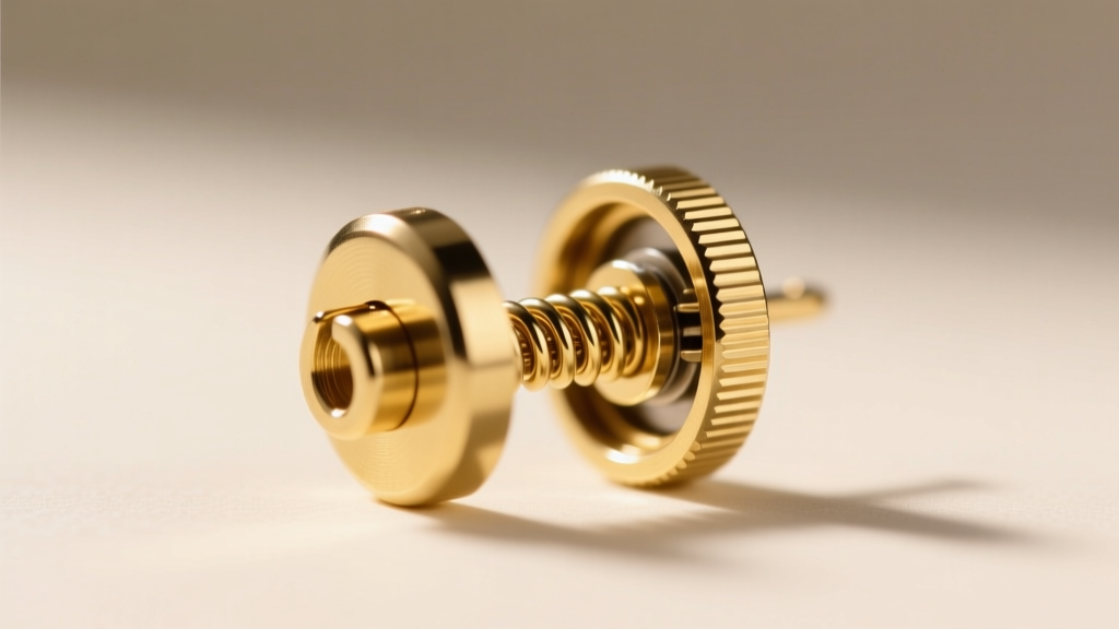 Macro shot of a secure La Pousette locking earring back on an 18-gauge gold post, showing the internal spring mechanism clearly