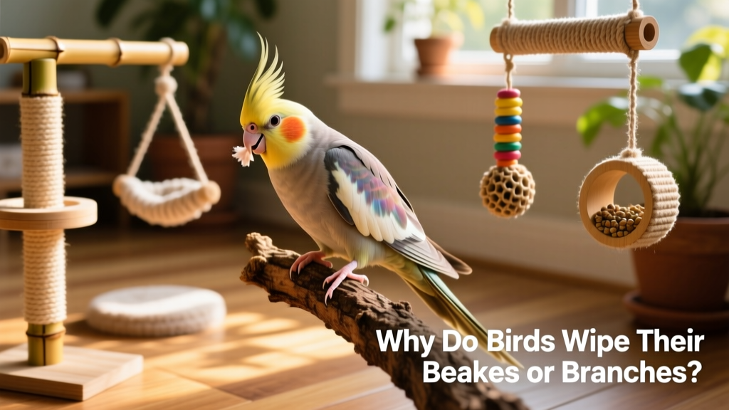 A calm cockatiel perched peacefully beside a variety of FurPetVo perches and toys