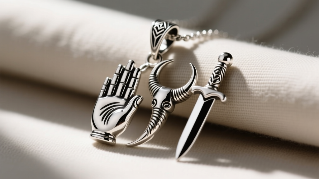 Close-up of an artisan cimaruta pendant showing the fig hand, horn, and dagger charms cast in highly polished 925 sterling silver