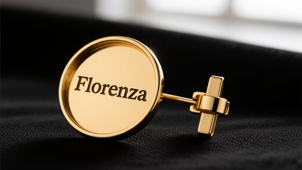 Macro view of a Florenza brooch reverse showing the block-letter hallmark stamp and a brass roll-over safety clasp mechanism.