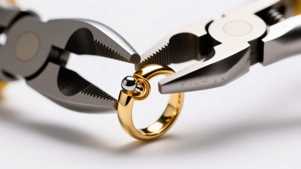 Nylon-jawed round nose pliers gently gripping an 18-karat gold septum clicker ring to adjust the hinge without leaving tool marks