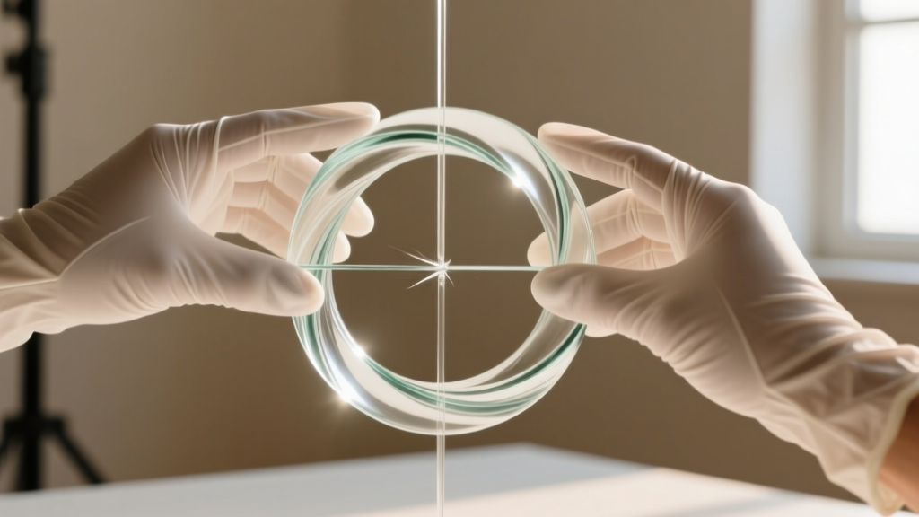 Gloved hands align a glass segment ring into a helix piercing, demonstrating a gentle twisting motion for safe, secure insertion