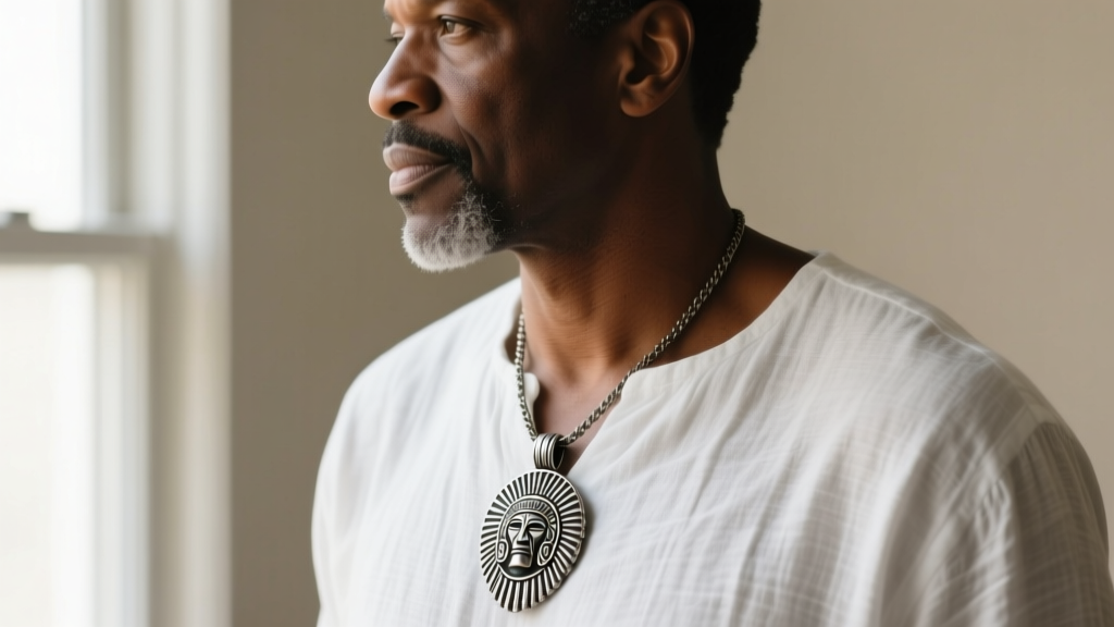 Side profile of a man wearing an oxidized silver tribal chief pendant necklace over a white linen shirt, showing the drop length.