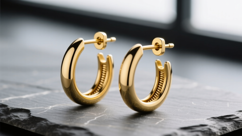 Macro shot of 18k yellow gold oval hoop earrings on slate, highlighting the hinged click-top clasp and polished finish