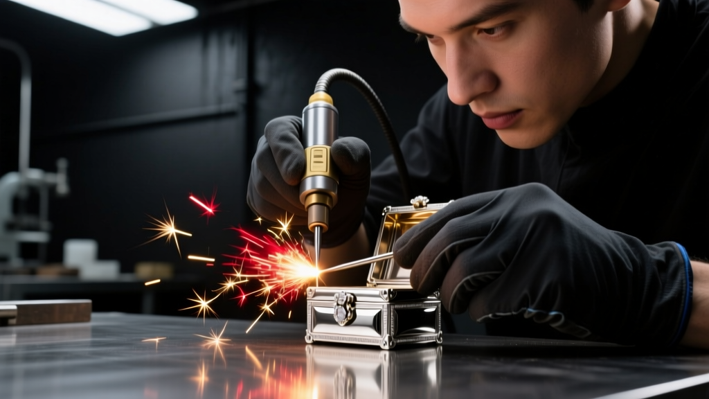 Close-up of a jeweler using a laser welder to repair a delicate platinum box clasp tongue, with sparks flying in a dark workshop.