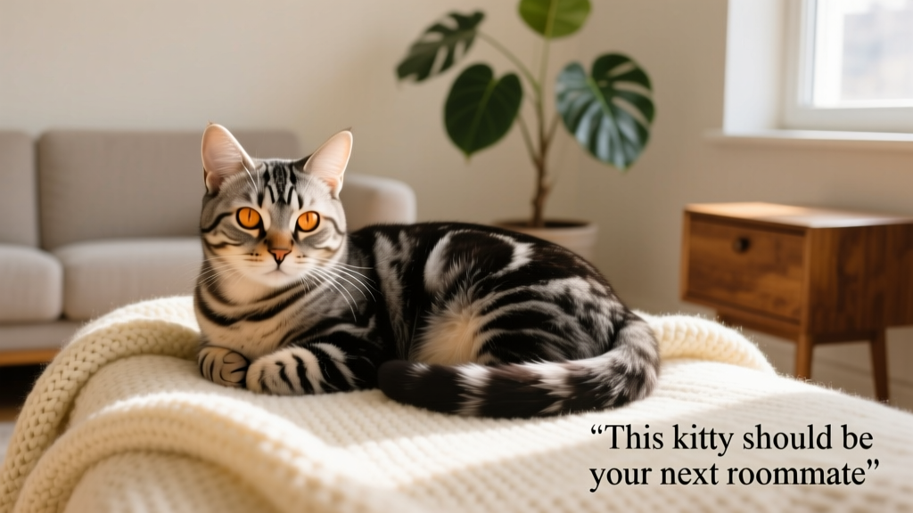 Evie, a charcoaled torbie-tabby Domestic Shorthair, curled up peacefully on a soft blanket