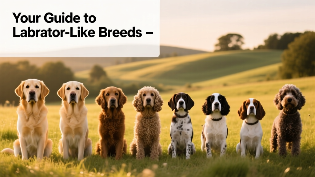 A side-by-side comparison of nine Labrador-like breeds: Golden Retriever, Flat-Coated Retriever, Chesapeake Bay Retriever, Curly-Coated Retriever, Nova Scotia Duck Tolling Retriever, American Water Spaniel, English Springer Spaniel, Corgidor, and Labradoodle—all outdoors in a sunny, grassy field