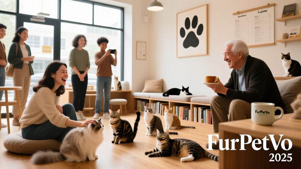 A diverse group of smiling visitors gently observing cats from a respectful distance in a bright, airy FurPetVo cat café, with subtle branding on mugs and wall art