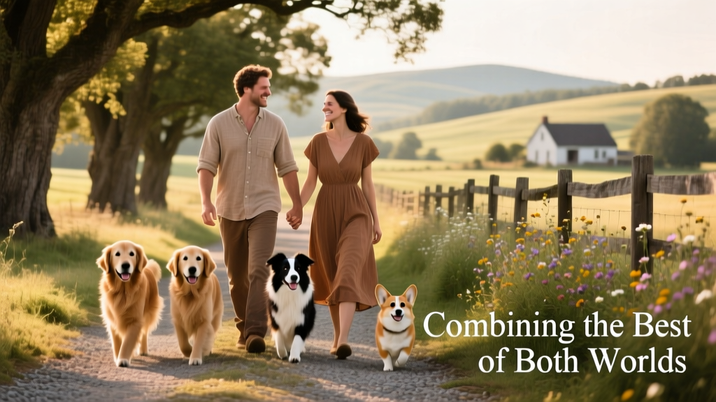 Rob and Deb walking four dogs along a sun-dappled country lane