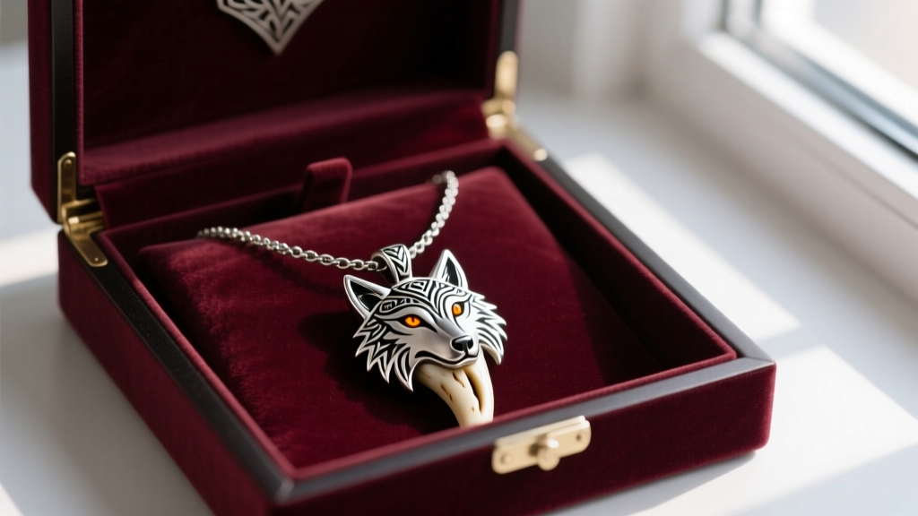 A neatly organized jewelry storage box with a velvet compartment holding a gaming-inspired carved bone and silver pendant necklace