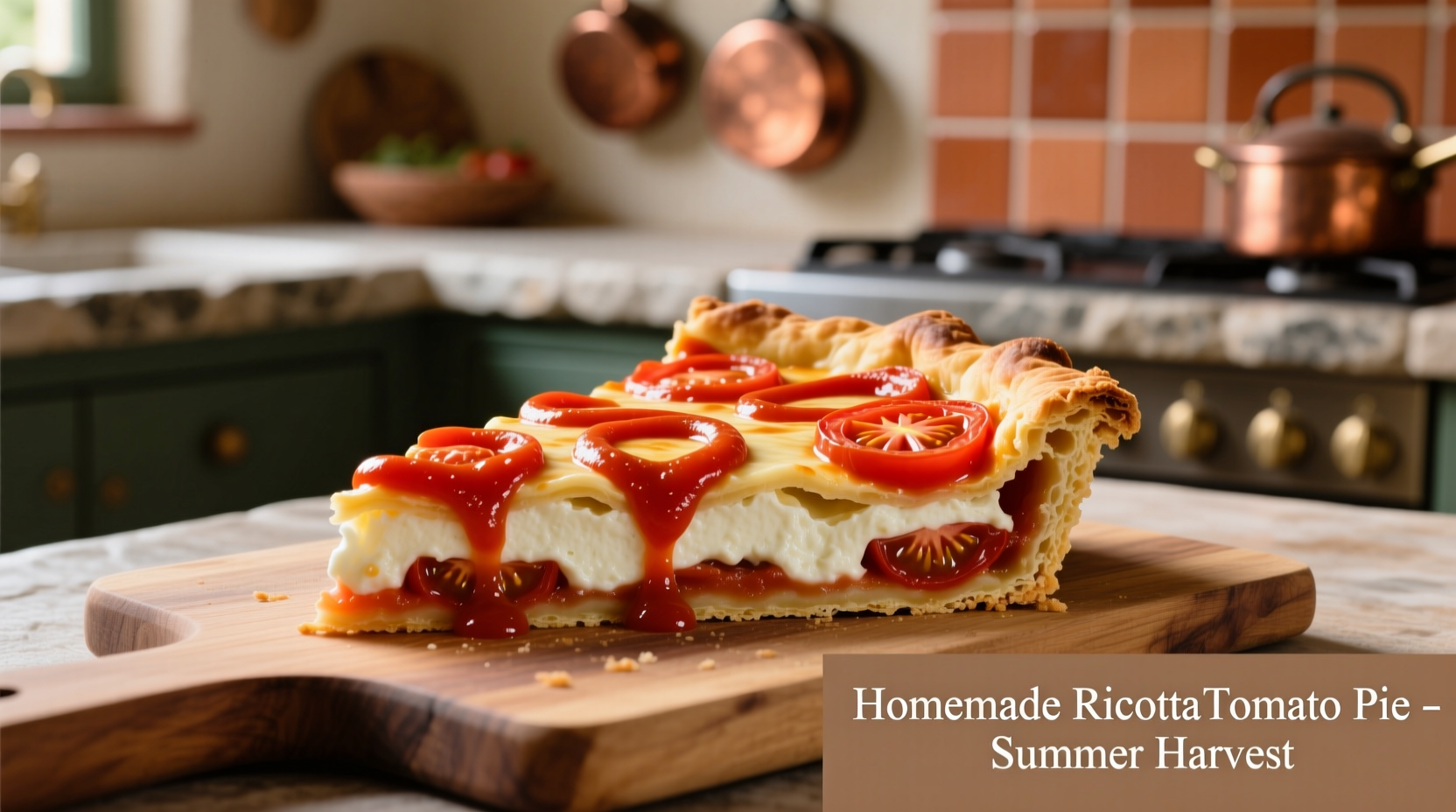 Golden ricotta tomato pie with vibrant red sauce drizzle