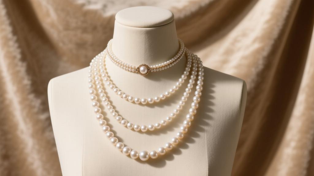 Mannequin neck displaying layered pearl necklaces at choker, princess, and matinee lengths against a soft beige velvet background.