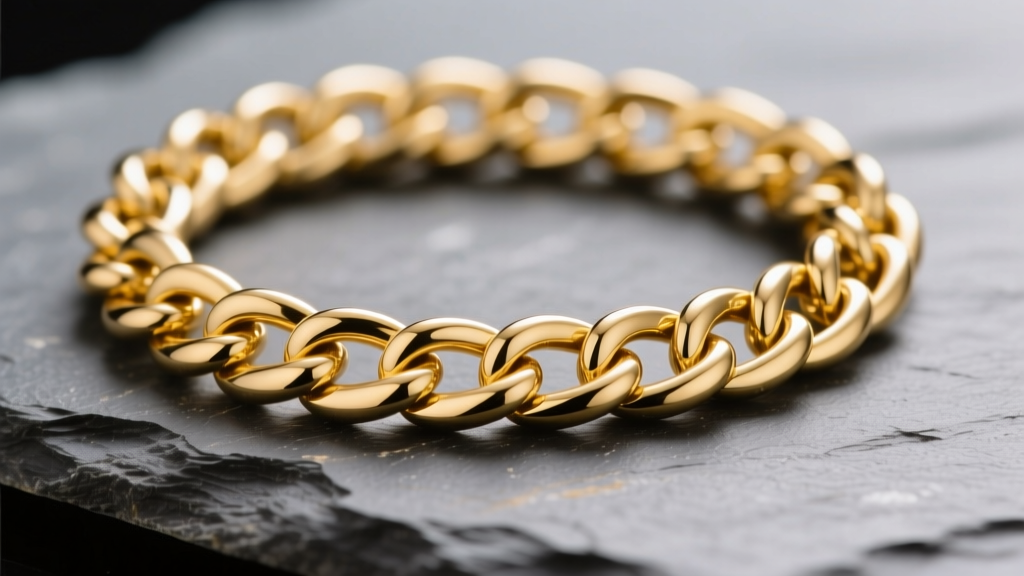 Macro shot of 14k yellow gold curb chain on slate showing flat interlocking links and bright polish under soft studio lighting.