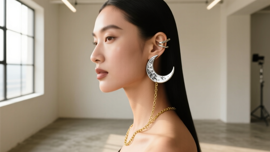 Model showcasing an asymmetrical ear curation with oxidized silver crescent moon cuffs and delicate gold chains.