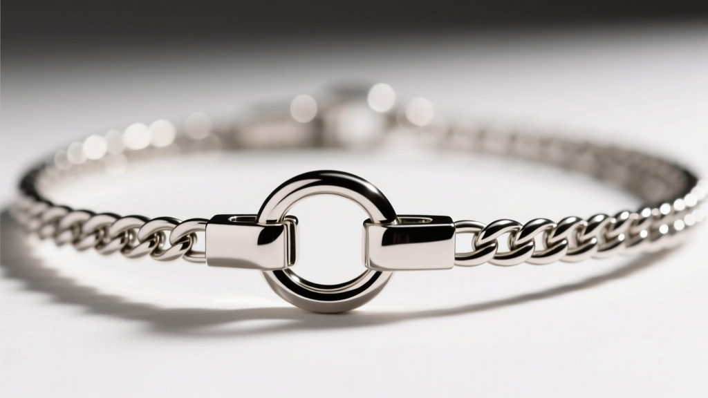 Close-up of a figure-eight safety clasp on a platinum tennis necklace, showing the secondary locking wire over a secure box clasp.