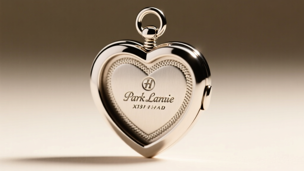 Macro shot of silver-tone Park Lane heart locket back, clearly showing the stamped brand hallmark and attached spring ring clasp.