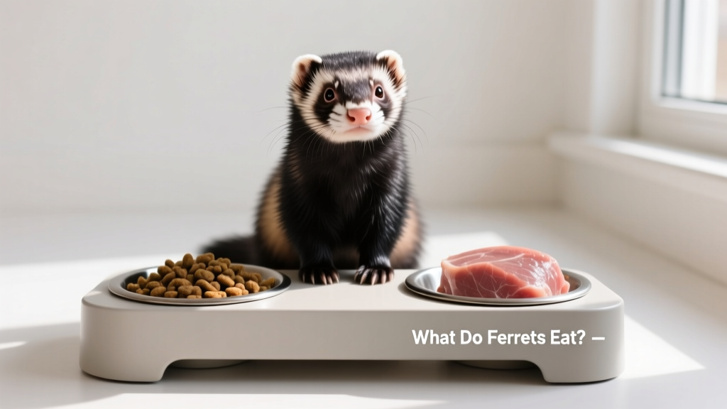Ferret sitting beside two separate food bowls—one with kibble, another with thawed raw meat—on a clean, low-height feeding station
