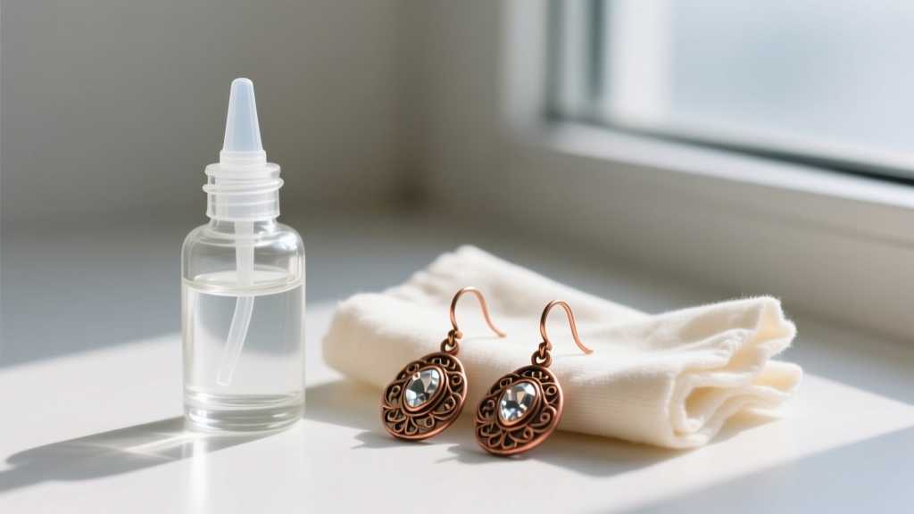 A small glass bottle of clear jewelry sealant and a soft polishing cloth resting beside a pair of vintage copper dangle earrings.