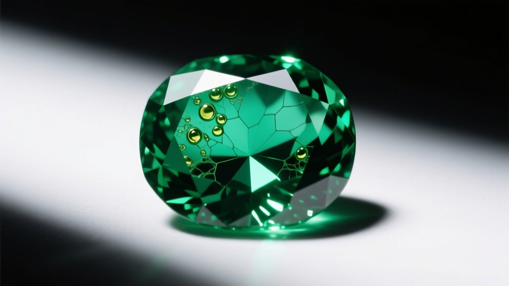 Macro shot of an emerald gemstone revealing internal oil inclusions and surface fissures under bright gemological studio lighting