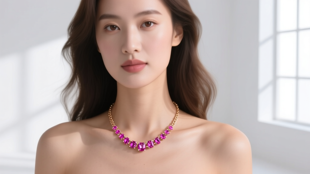 Woman wearing a rose gold pink sapphire tennis necklace, soft light highlighting the vibrant pink gems on her bare collarbone
