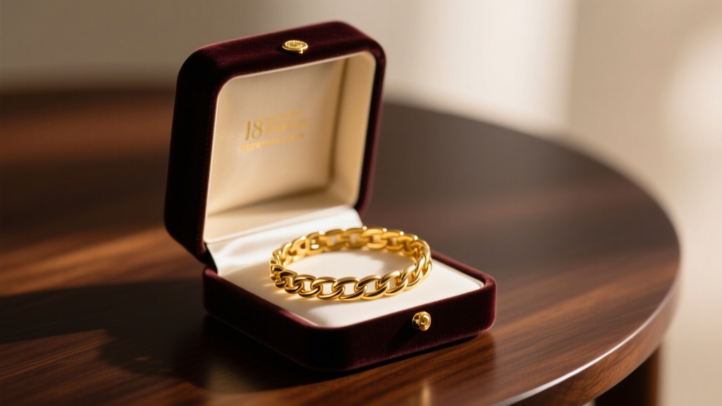 Open velvet box revealing a gleaming 18k yellow gold tennis bracelet on a dark mahogany table under soft warm lighting