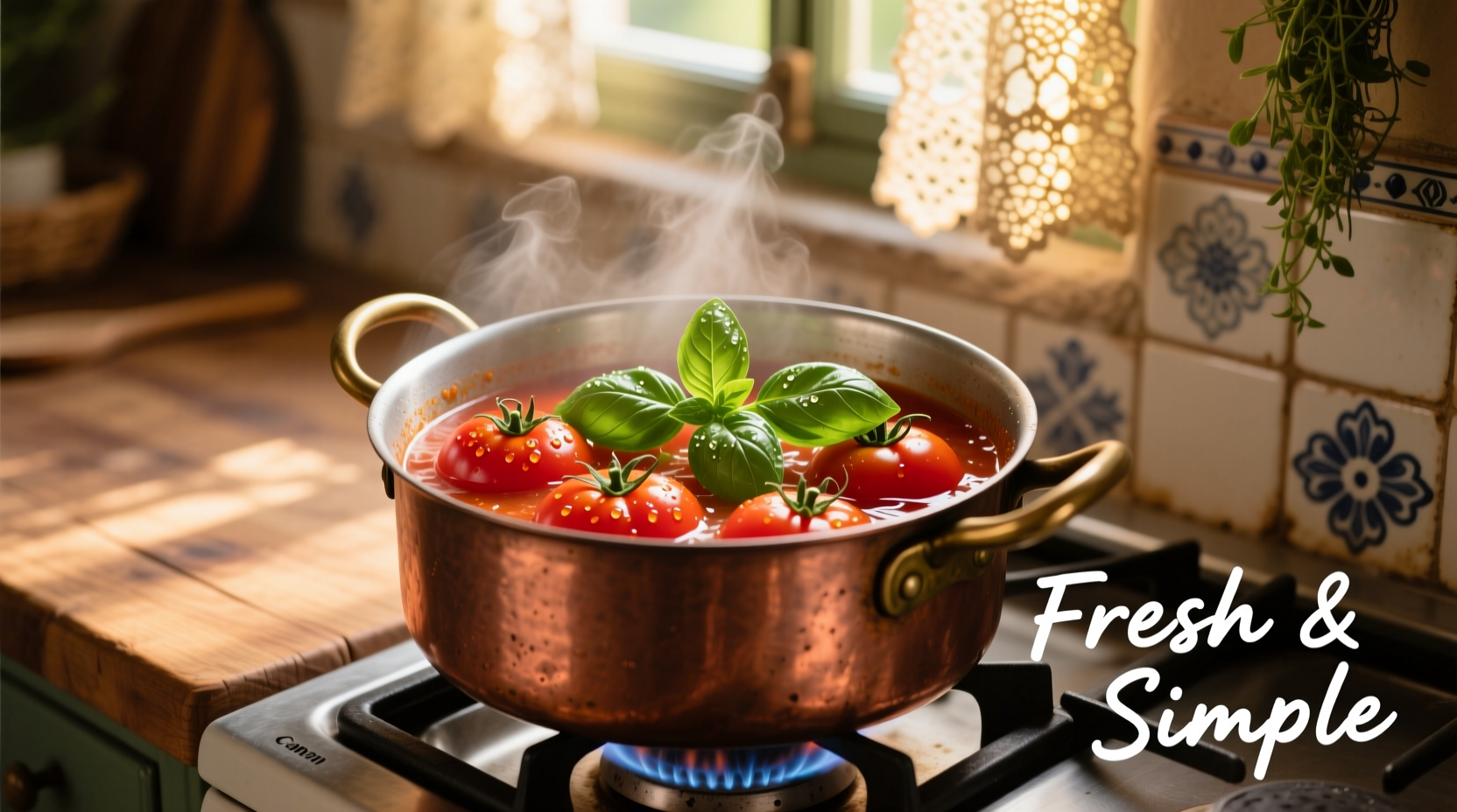 Fresh Roma tomatoes simmering in copper pot with basil