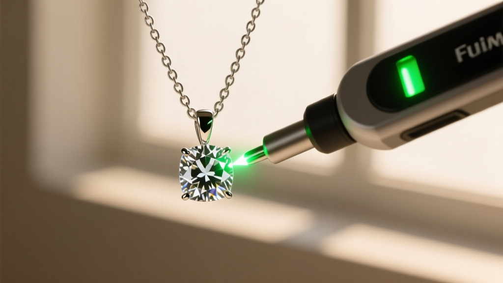 Electronic diamond tester with glowing green LED touching the pavilion of a solitaire diamond pendant on a delicate silver chain